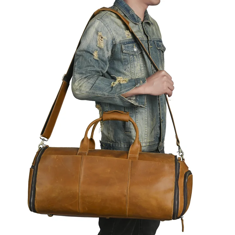 Leather travel bag large capacity multi-functional Crazy Horse leather travel bag multi-compartment messenger luggage bag men