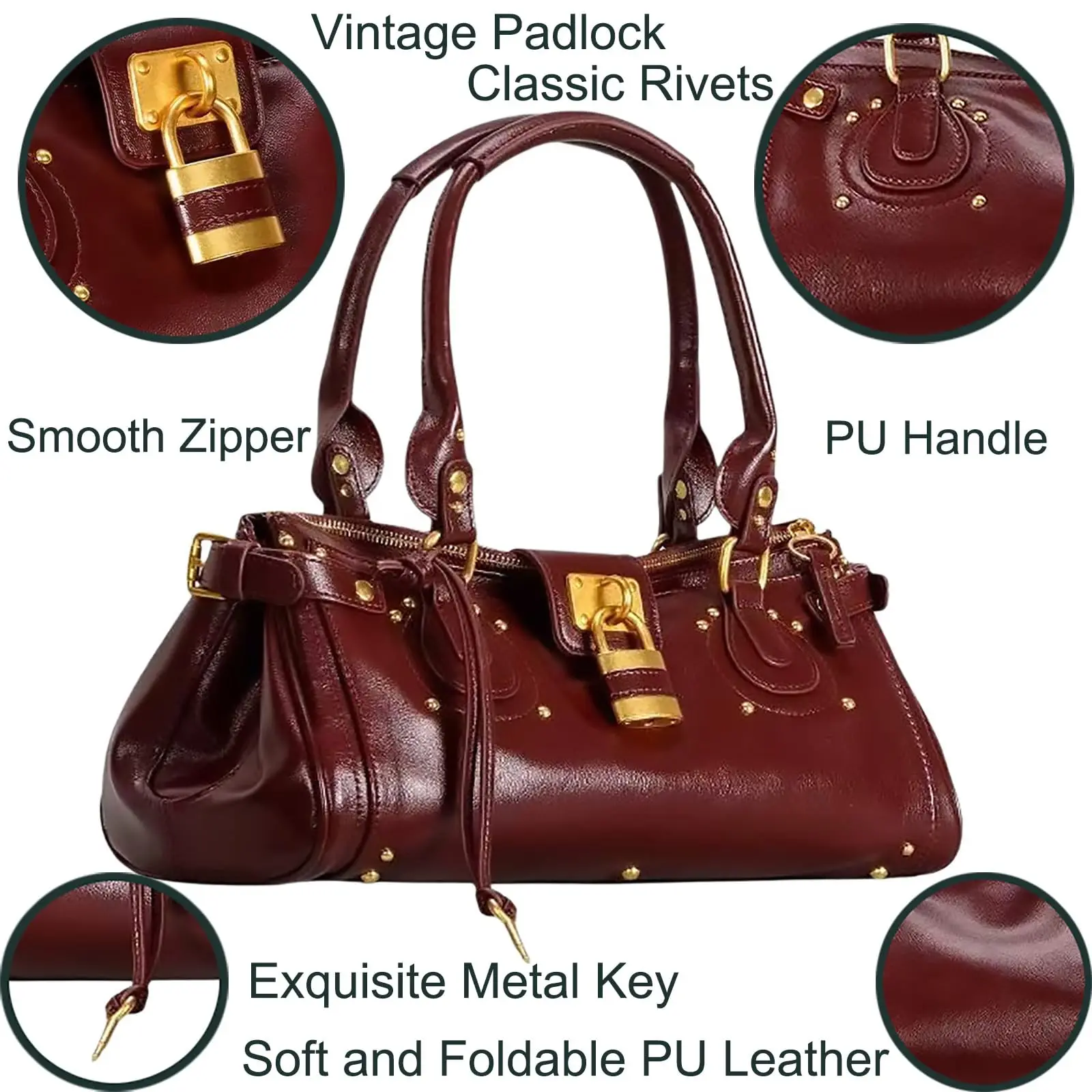Vintage Y2K Lock Top Handle Bag For Women PU Leather Handbag Retro Studded Underarm Shoulder Motorcycle Bag Satchel Purse