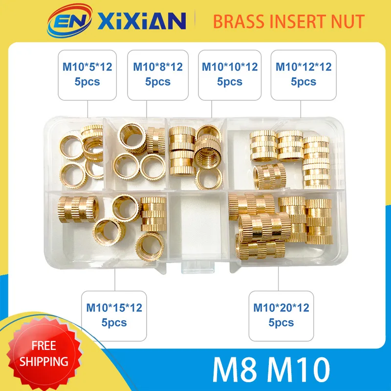 30PCS/set M8 M10 Brass Insert Nut Assortment Kit Threaded Knurled Molding Injection Embedded Copper Nut for Plastic 3D Printing