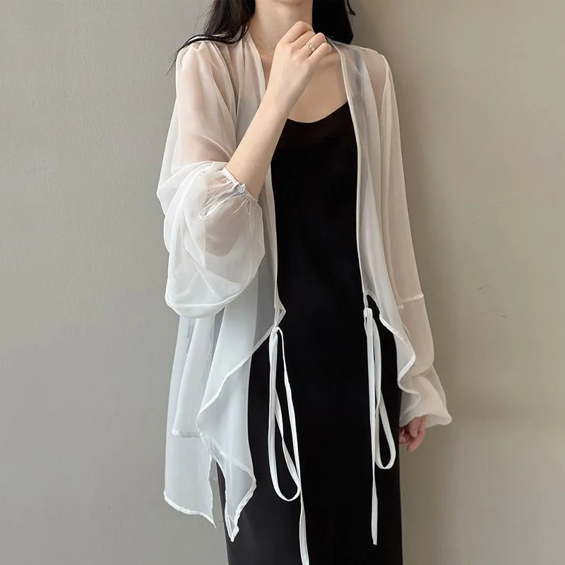

Women's Clothing Solid Black White Elegant Loose Fit Comfortable Sun Protection Cardigan Ice Silk Top Stylish Breathable
