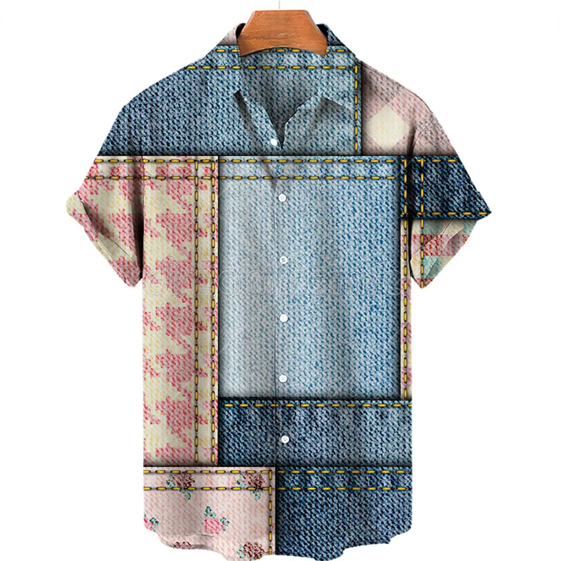 

Patchwork Plain Shirts for Men Clothing Simple 3D Print Hawaiian Beach Shirts Short Sleeve y2k Tops Vintage Clothes Lapel Blouse