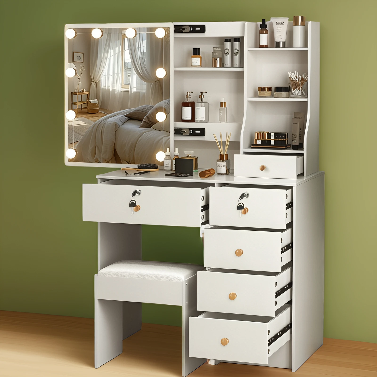 Dressing Table 6 Drawers LED Mirror Stool Set Vanity Table Bedroom Makeup Desk
