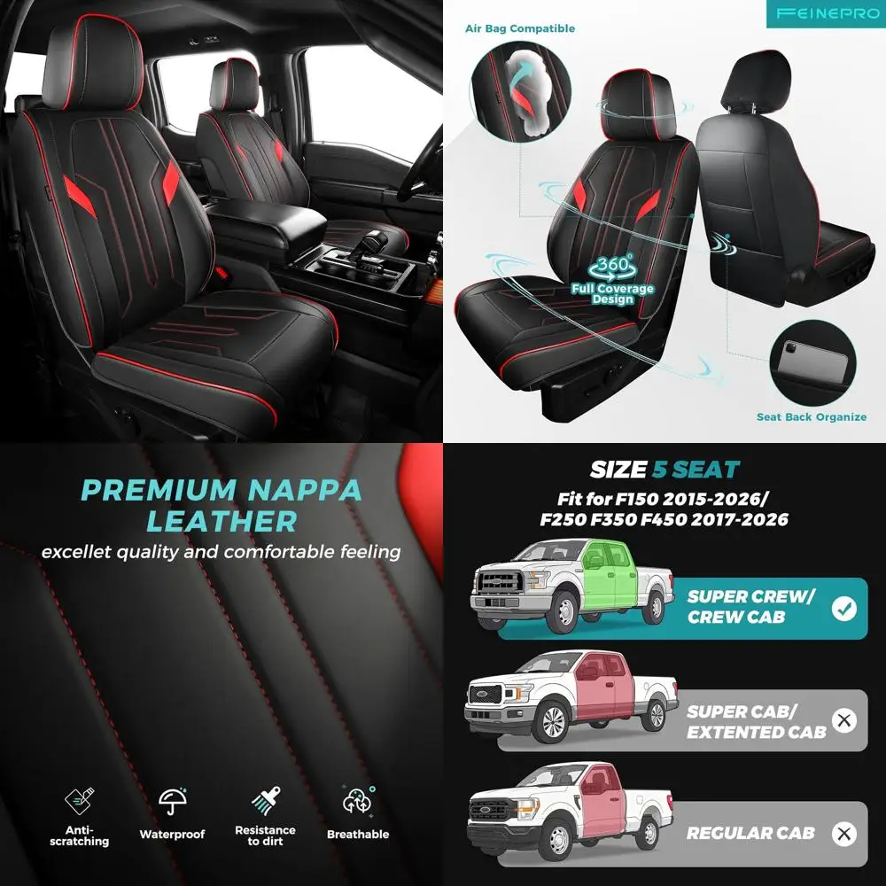 

Seat Covers for Ford F150 2015-2025, F250 F350 F450 Crew Cab 2017-2025, Faux Leather Car Seat Covers Full Set, Waterproof Seat C