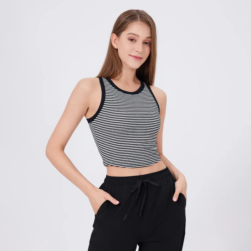 Top de ginástica sem mangas feminino, colete correndo com almofadas no peito, respirável, secagem rápida, roupas esportivas, roupas de treino, listras, verão