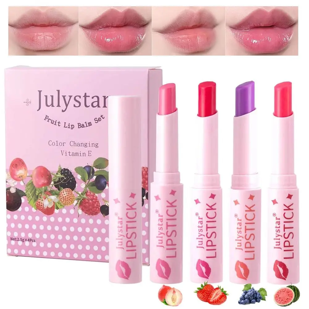 4 Stück feuchtigkeitsspendender, fruchtiger, farbwechselnder Lippenstift mit Vitamin E, langanhaltender Lippenbalsam, feuchtigkeitsspendende Textur, getönter Lipgloss