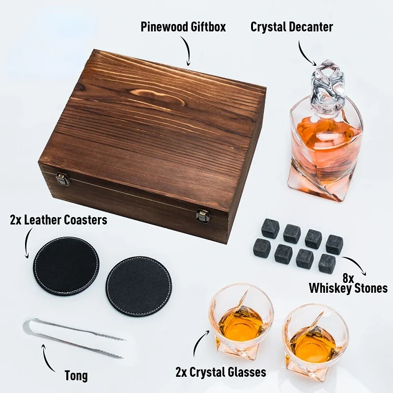 Whiskey Decanter and Stones Gift Set for Men-Crystal Decanter &Glasses,8 Stone Cubes,Leather Coasters,Tong in Pinewood Gift Box