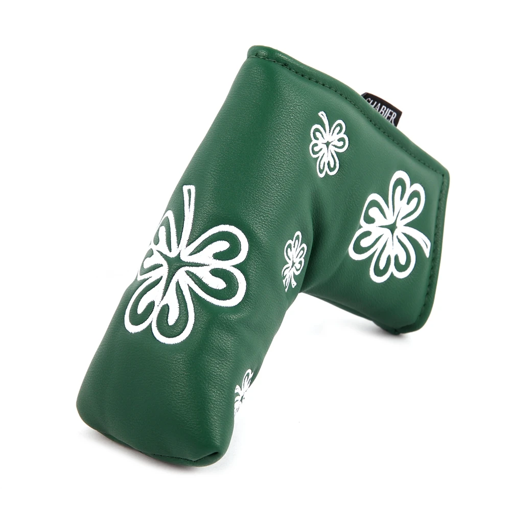 Green PU Leather Shamrock Embroidery Golf Club Magnetic Closure Blade Mallet Putter Covers