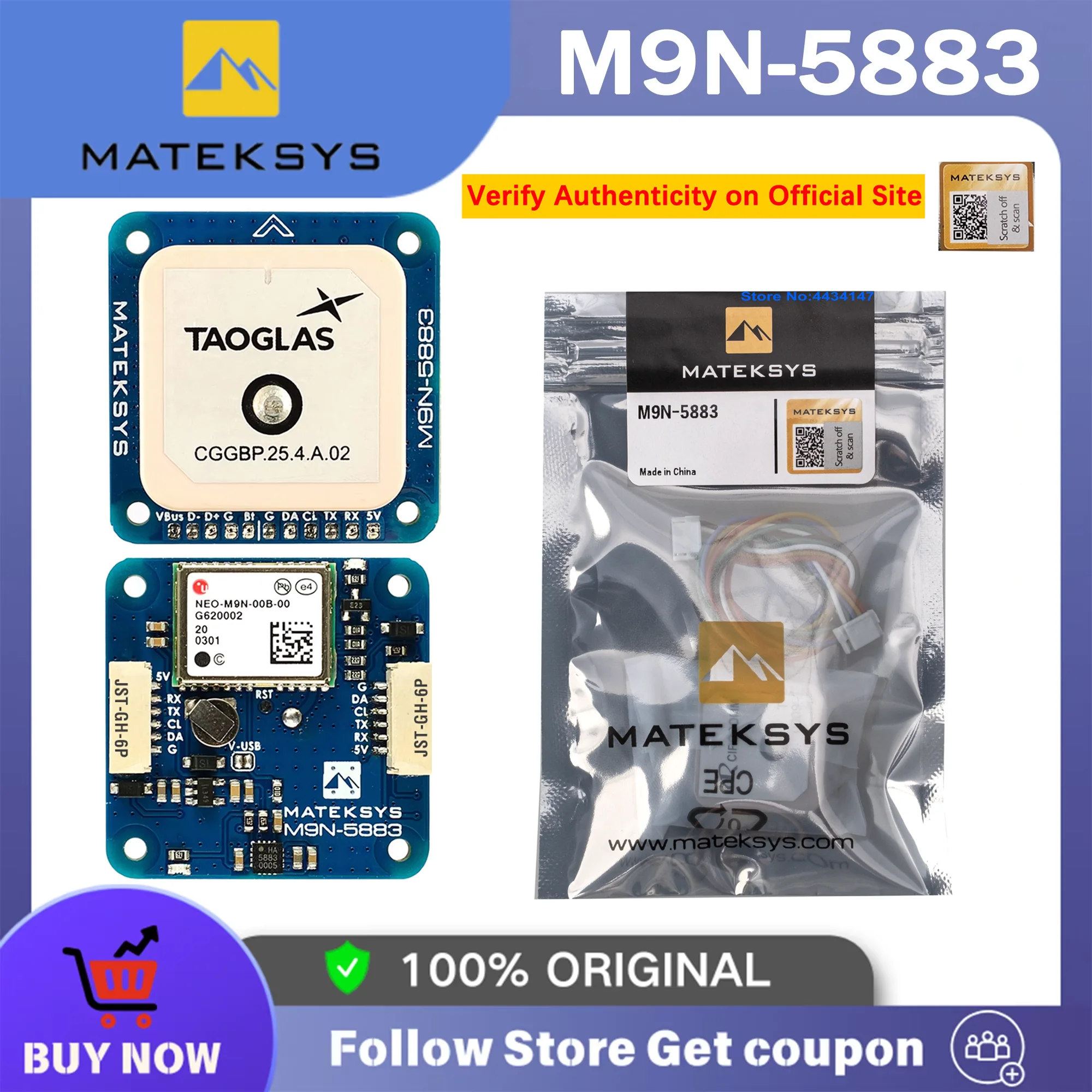 MATEK Mateksys GNSS & Compass M9N-5883 GPS GLONASS Galileo BeiDou QMC5883L 32x32x10mm 14.5g for Long Rang RC FPV Drone