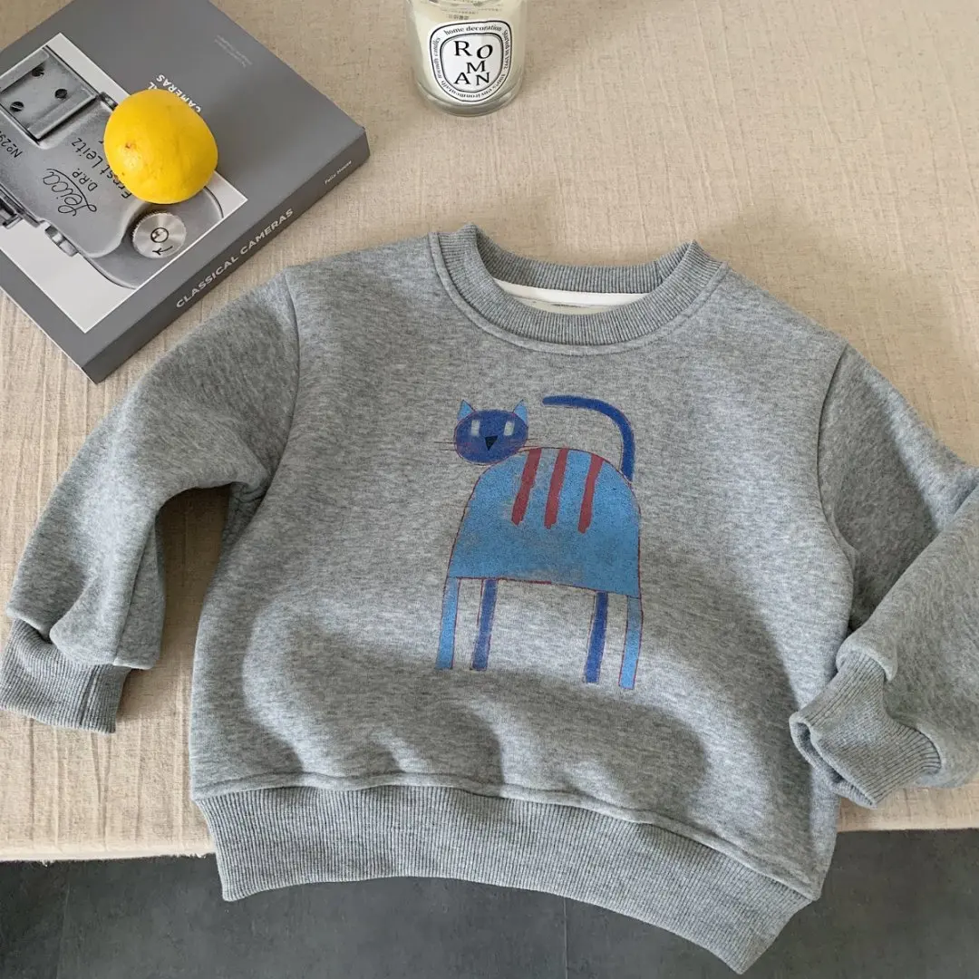 سويت شيرت قطني للأطفال للجنسين مطبوع عليه قطة كرتونية من الصوف برقبة دائرية وأكمام طويلة بلوزة جديدة لخريف وشتاء للأطفال من سن 2 إلى 8 سنوات #3