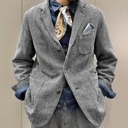 Only Jacket 1 PCS Men's Coat Classic Herringbone Single Breasted Notched Lapel Tweed Simple Set Top Autumn Comfort Wear New 2024