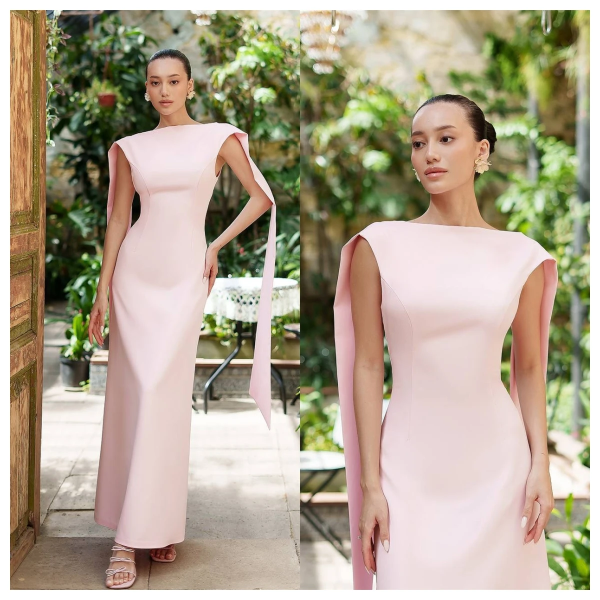 

Customized Temperament Pink Jersey Evening Dress Scoop Half Sleeves Special Occasion Gowns Vestido De Festa Open Back Soft