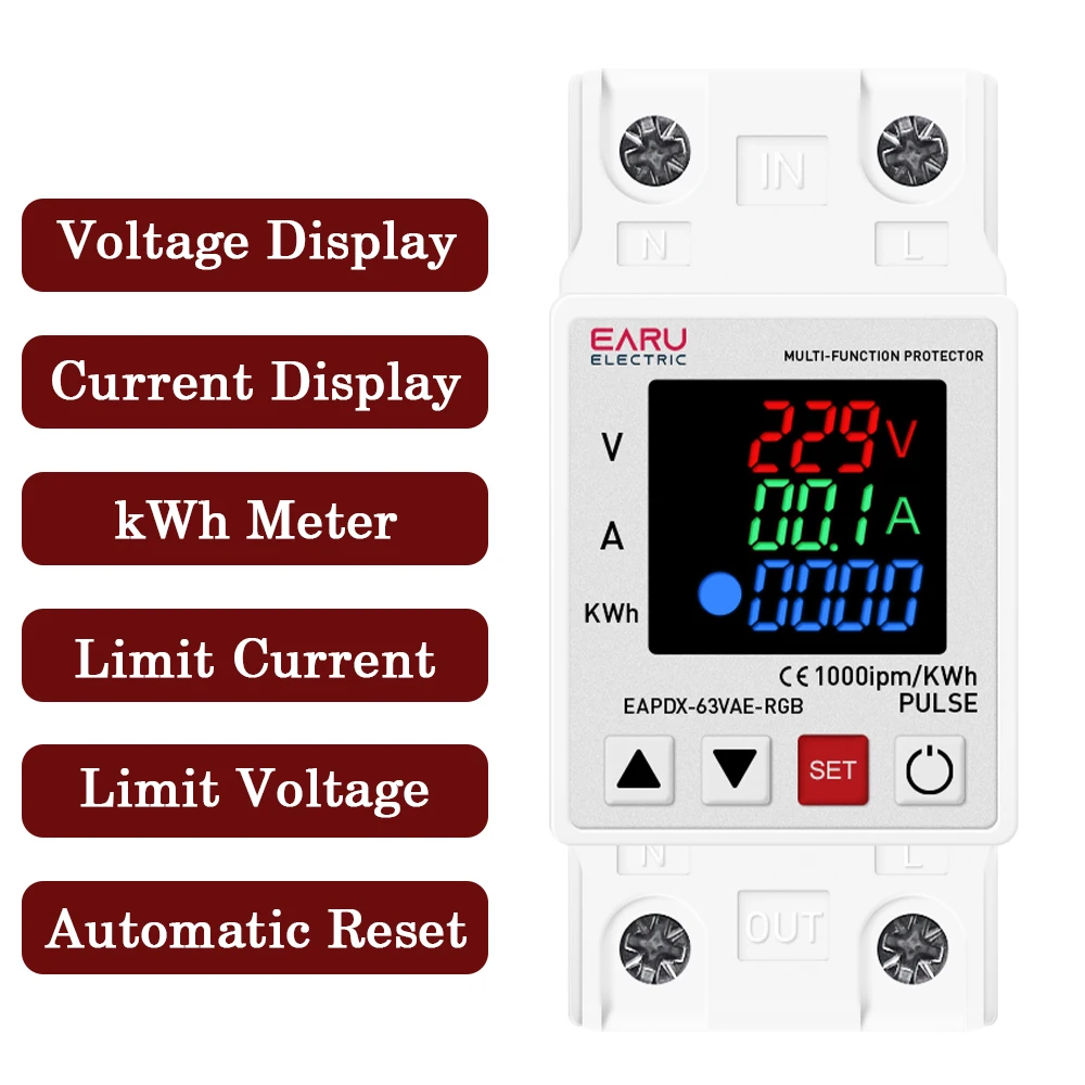 63A 230V 3IN1 Display Din Rail Adjustable Over Voltage Current Under Voltage Protective Device Protector Relay 220V KWH Red Blue