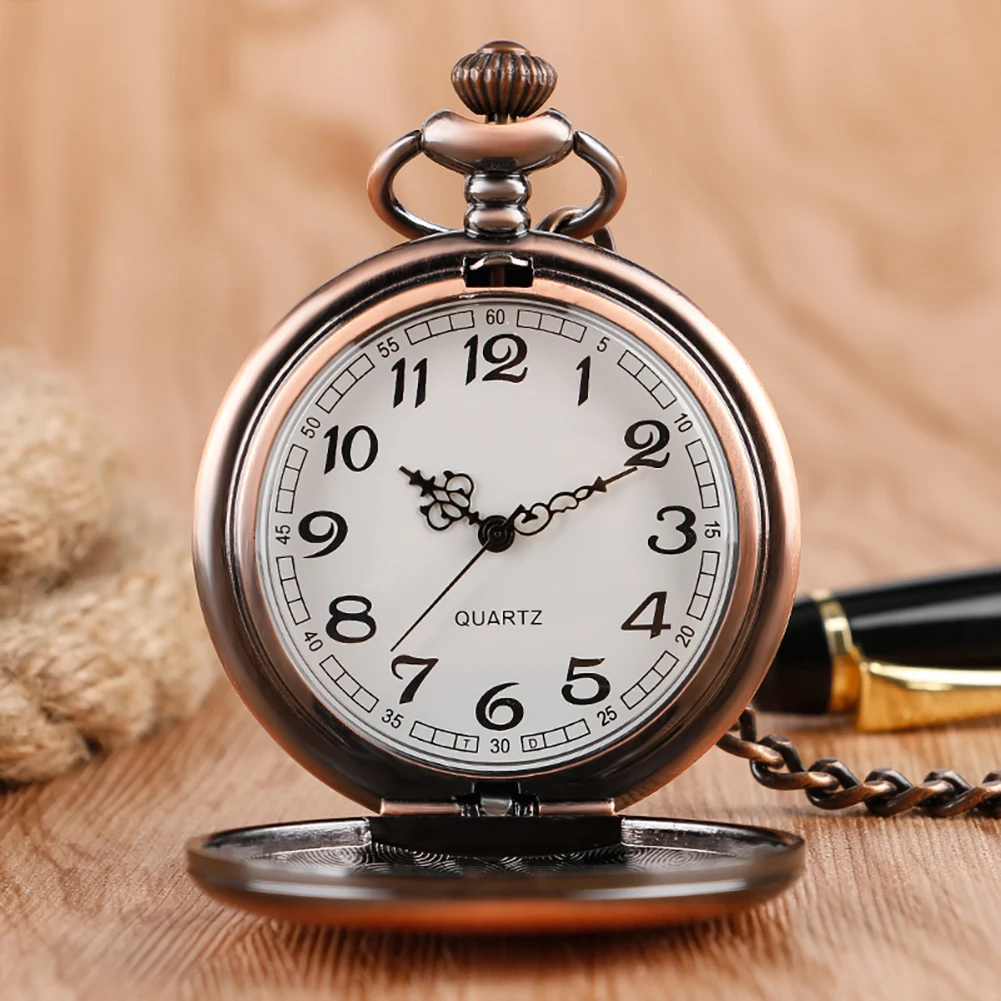 Retro Red Copper Quartz Analog Pocket Watch Arabic Numerals White Dial Rose Gold Fob Chain Pendant Pocket Clock Vintage Gift Men