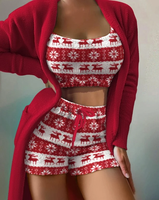 3Pcs Women Outfit 2023 Spring Fashion Christmas Pattern Print U-Neck Spaghetti Strap Fluffy Home Cami Set with Cardigan