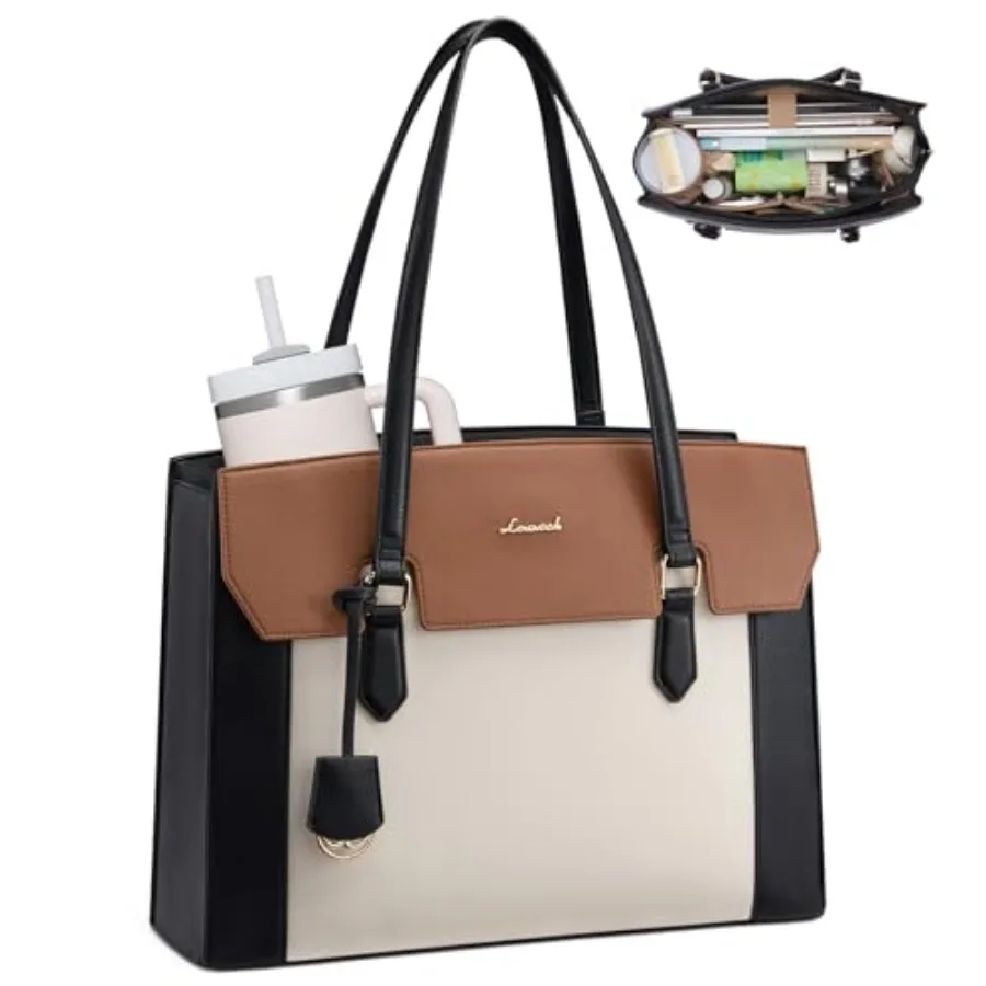 

Laptop Tote Bag for Women, Computer Work Bag With Large Cup Holder, 15.6 Inch Waterproof PU Leather Purse Briefcase for Teacher