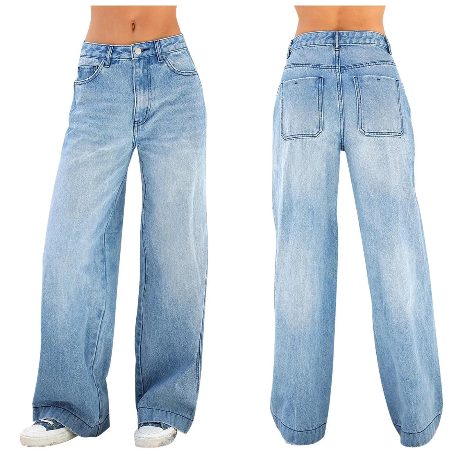 Women's Baggy High Waist Loose Fit Wide Leg Long Cotton Button Fly Straight Leg Jeans Light Wash Classic Five Pocket Cuffed Hem