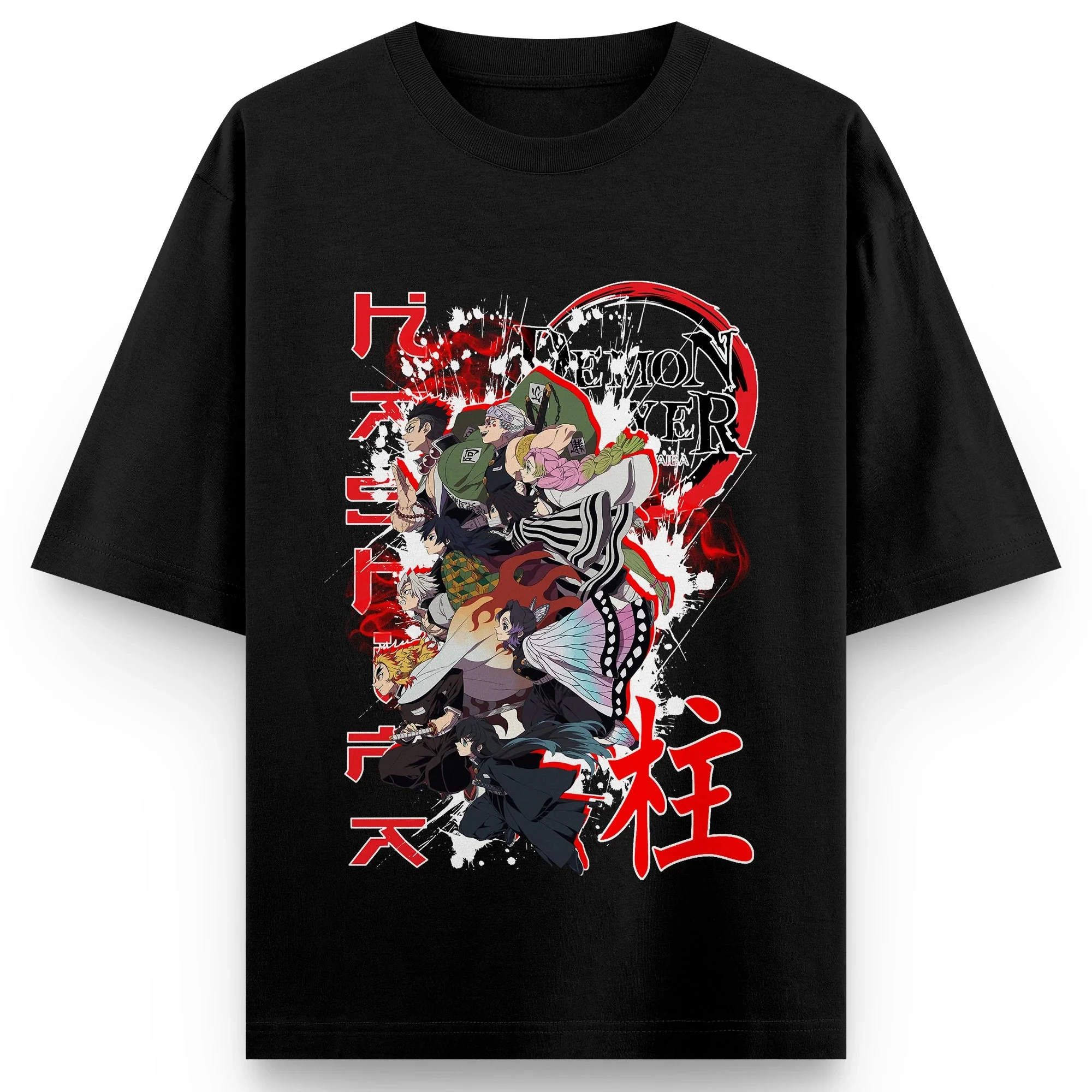 Camiseta Demon Slayer Hashira para hombre, camiseta gráfica con estampado de pilar de Anime negro, ropa de calle de gran tamaño con letras Kanji japonesas