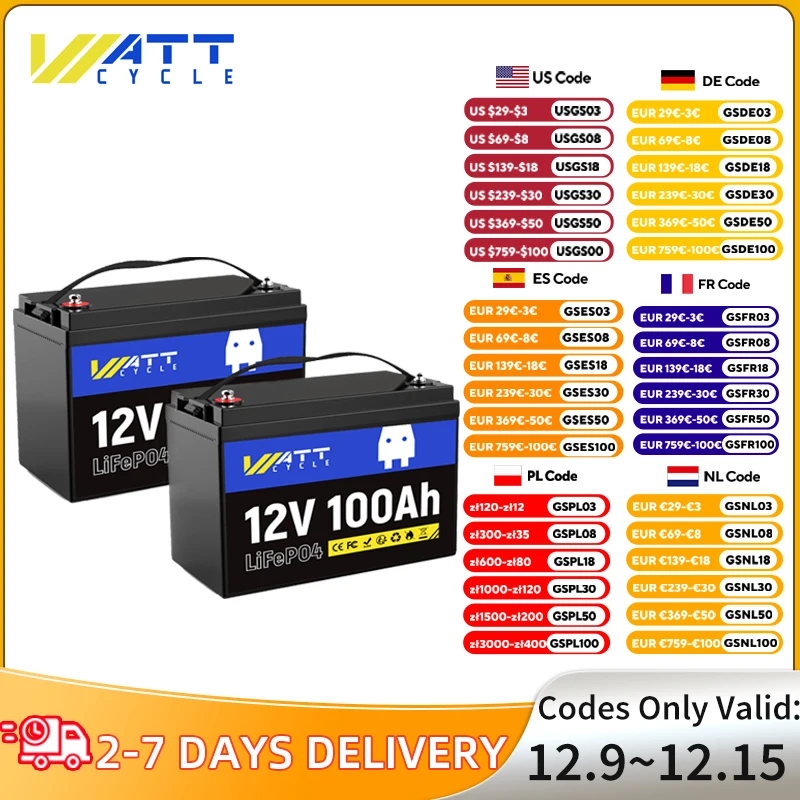 WattCycle LiFePO4 Battery 12V 100Ah 2 PACK Grade A+ Cells With BMS 100A Series or Parallel Connection Lithium Battery Packs