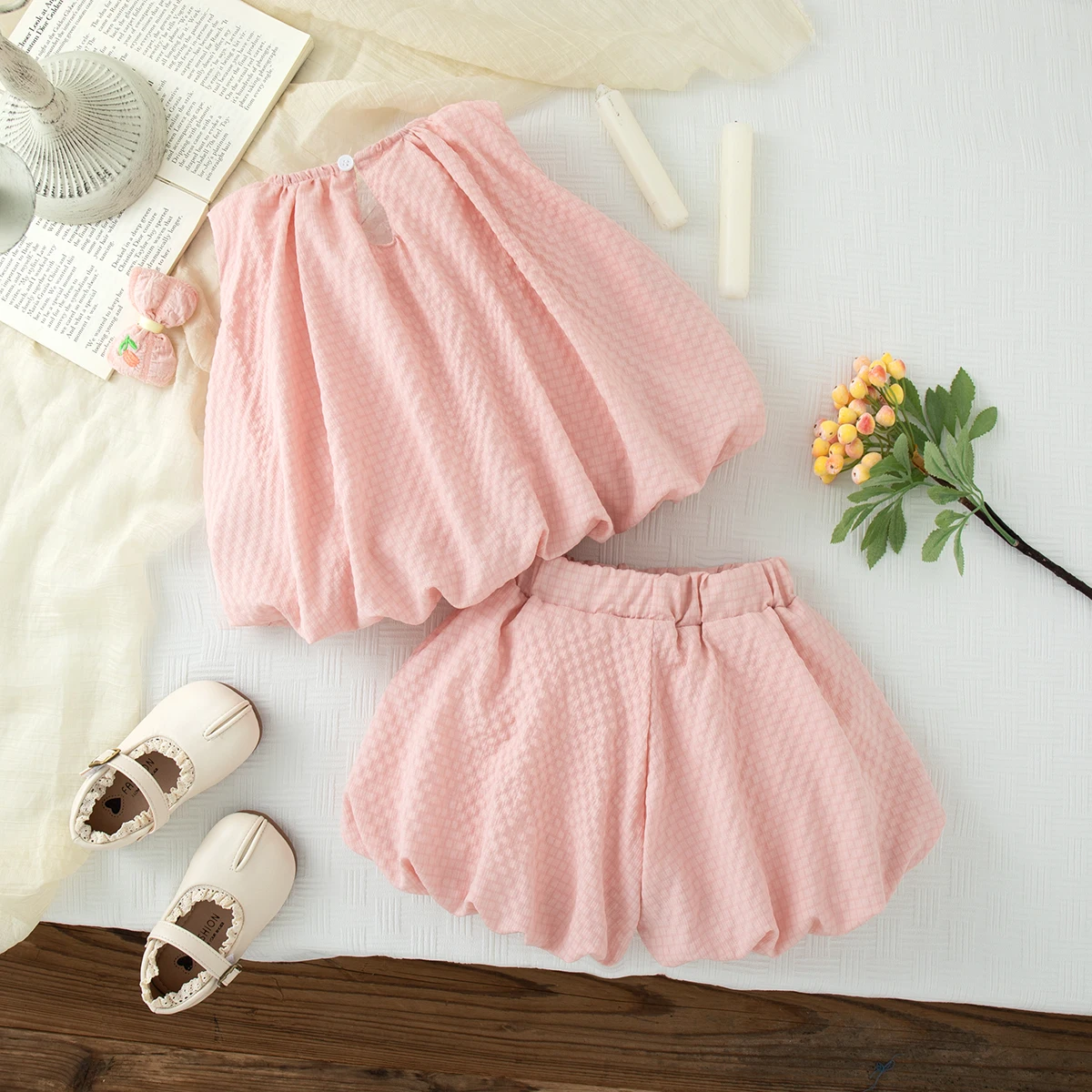 طقم ملابس للفتيات الصغيرات، بلوزة صيفية من القطن وسروال قصير، ملابس للفتيات الصغيرات، مجموعة شاطئ لطيفة للأطفال #4