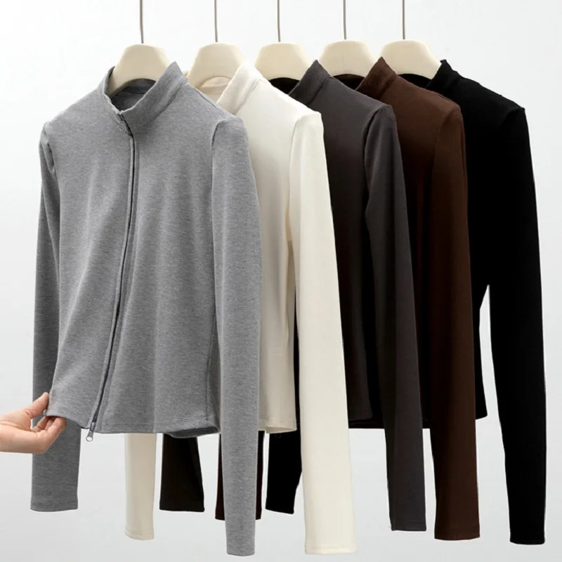 Damska kurtka z dzianiny na wiosnę i jesień, z podwójnym zamkiem błyskawicznym, z kołnierzykiem stójką, dopasowana, uniwersalna, z długim rękawem, model H823.