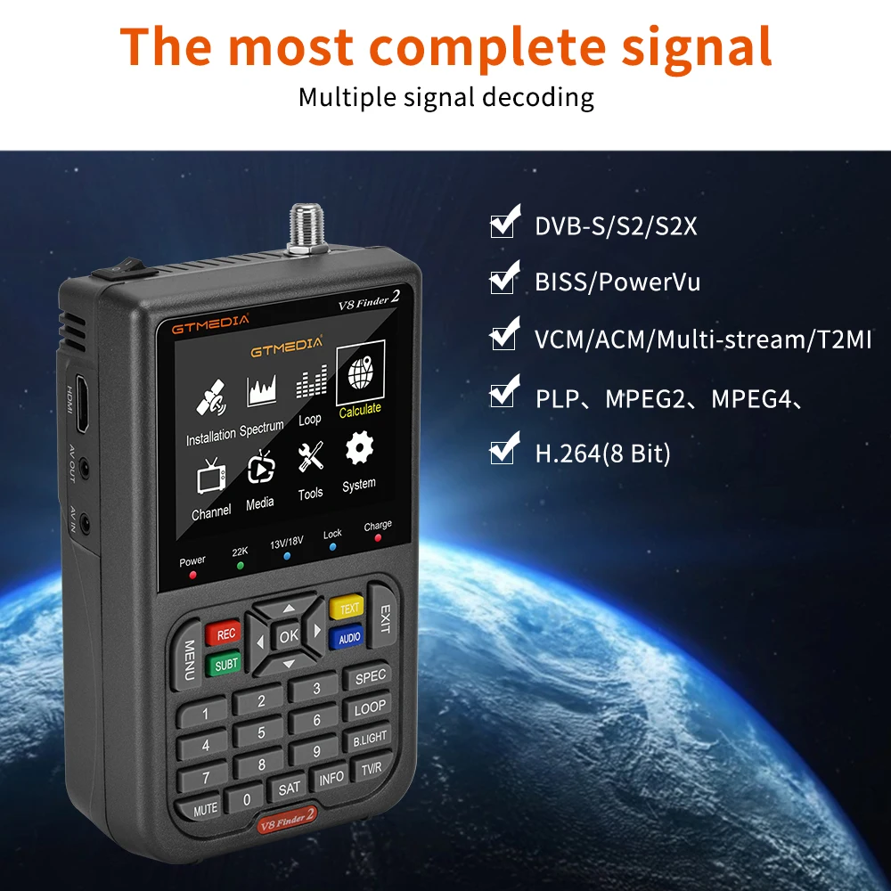 GTMEDIA V8 Finder2 Satellite Finder Digital FTA DVB-S/ S2/ S2X Signal Detector Receiver LCD Screen for Adjusting Sat TV Dish