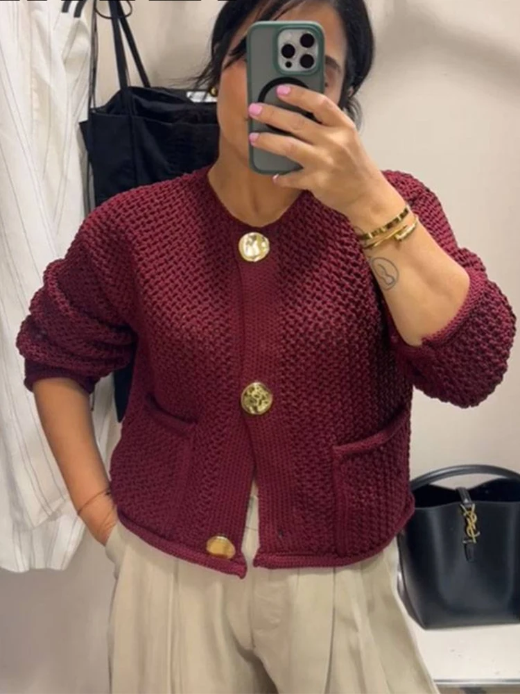 HH Women Hollow Out Chunky Knitted Cardigans 2024 Female Long Sleeve Metal Buttons Short Sweater Crop Top Knitwear Outerwear