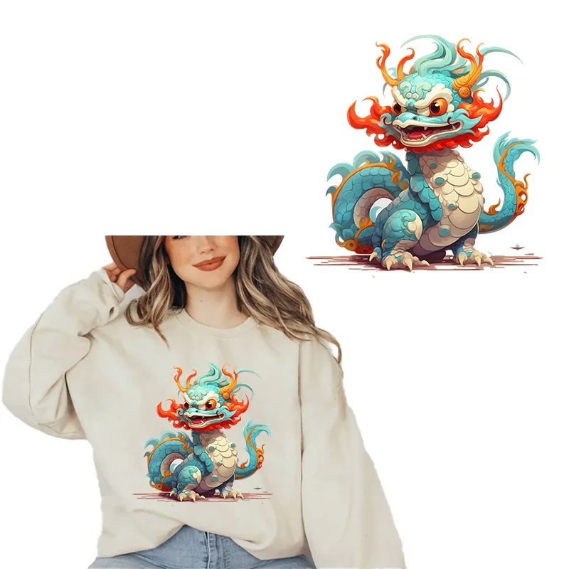 

Auspicious Dragon DTF Thermo Sticker Decals Heat Transfer On Clothes Iron On Patch For Hoodies Press Printing