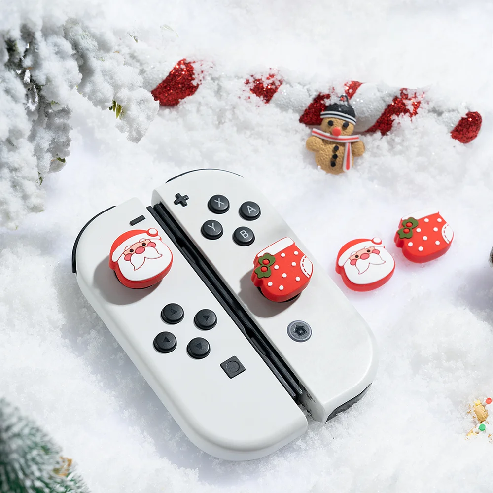4ชิ้นน่ารักคริสมาสต์น่ารัก Kawaii Joy CON นิ้วหัวแม่มือจับจอยสติ๊กปุ่มเคสซิลิโคนนุ่มสำหรับ Nintendo Switch ตัวควบคุม OLED Lite