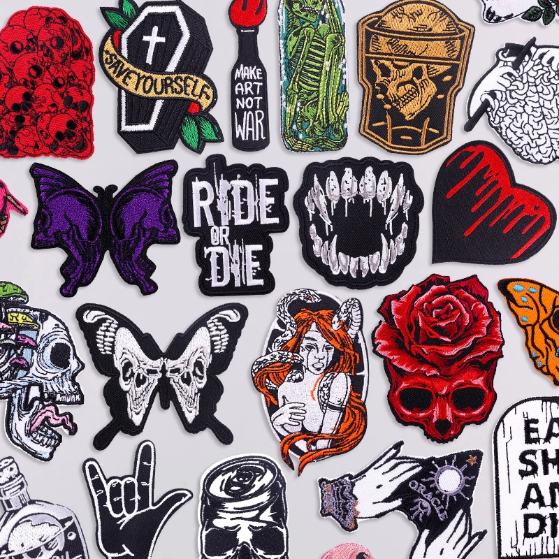 

Punk/Horror Skull Patch Iron On Patches For Clothing Thermoadhesiv Patches On Clothes Butterfly Skeleton Sewing Embroidery Patch