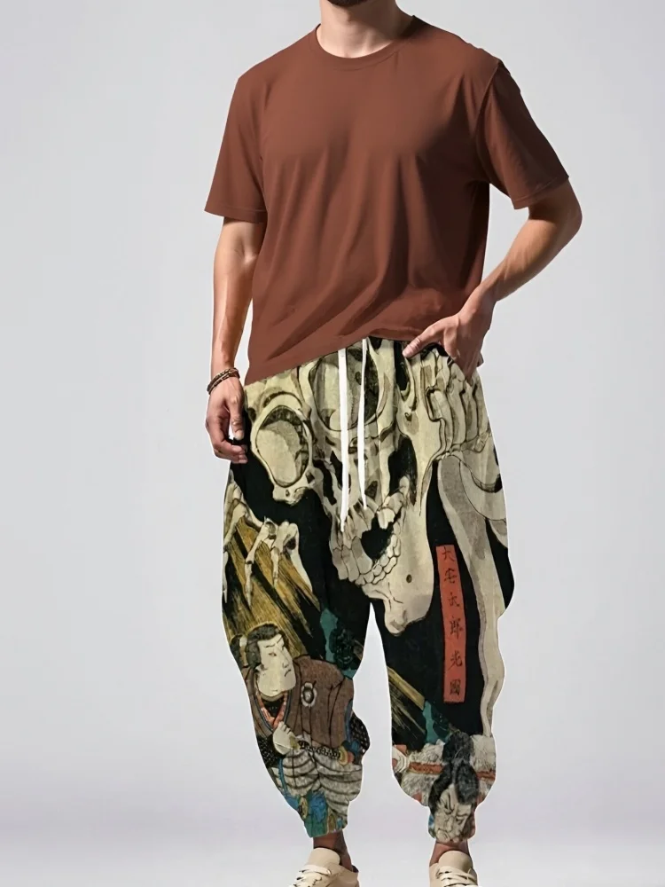 

Мужские спортивные штаны с завязками на талии, японские самурайские свободные длинные брюки с художественным принтом черепа, 2025 г., повседневные праздничные осенние брюки