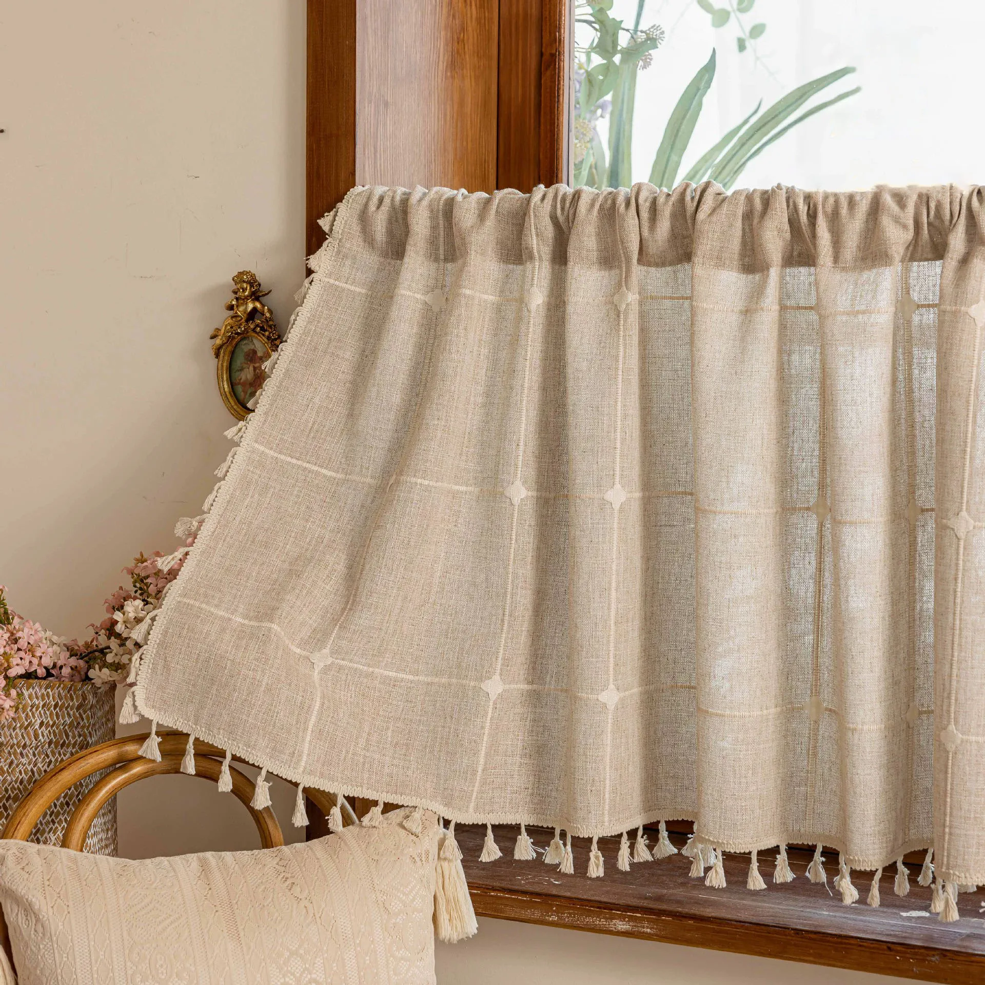 Boho Küchen-Vorhang Französischer Landhausstil Vintage Quasten Kurze Café-Vorhänge für Kleine Fenster Küche Bad Böhmische Dekoration