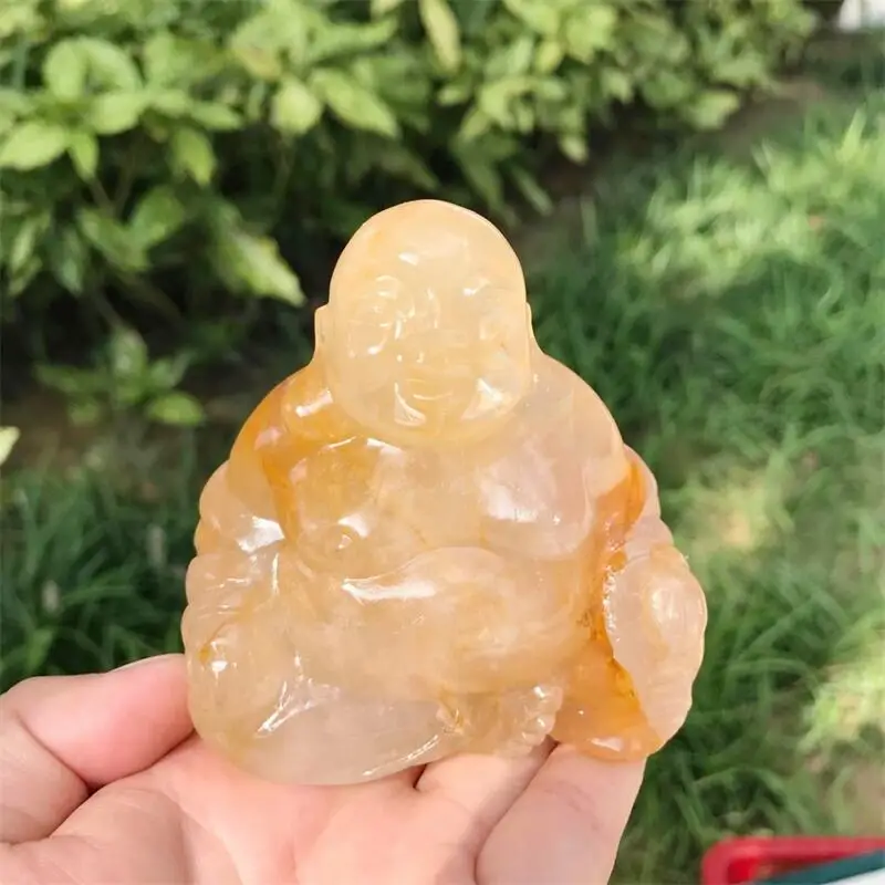 Natural Yellow Fire Quartz Hematoid Buddha Carving Figurine Ornament Healing Feng Shui Craft Buddhism Home Decoration 1PCS