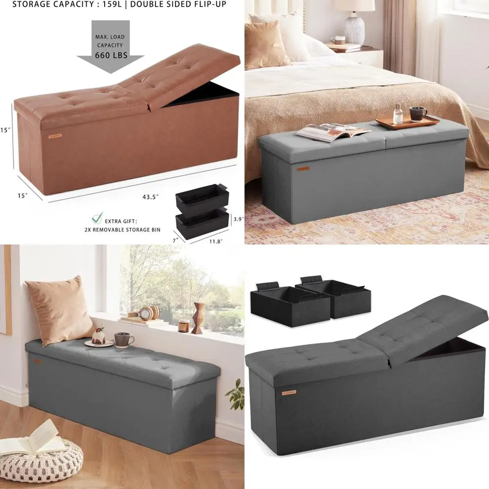 

Grey Linen Ottoman Storage Bench, 43.3 Flip-Top Footrest for Entryway, Living Room, Bedroom
