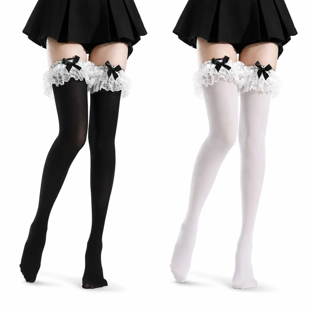 Ruffled Lace Trim Thigh High Stockings Bow Smooth Finish Over Knee Stockings Elastic Top Lace Top Stockings Costume Styling