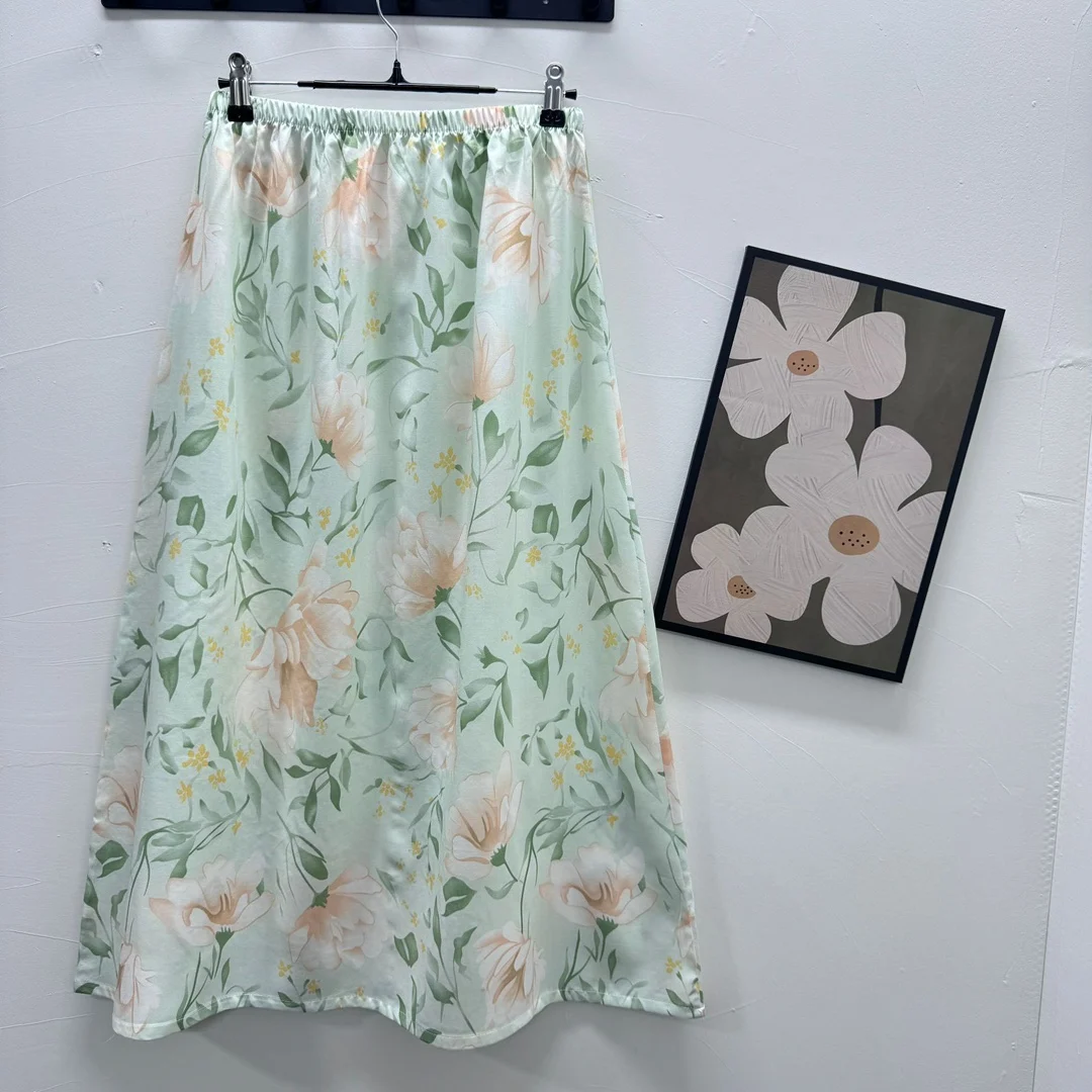 Spring Summer Cotton Silk Half Skirt Women Slim High Waist Draped Straight Cut Skirt Artificial Cotton Floral Skirt Versatile...
