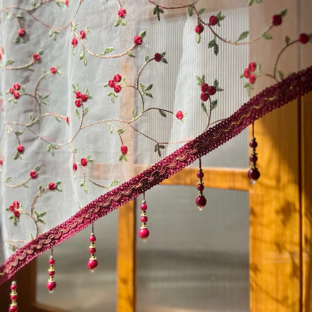 French Country Embroidery Flower Small Curtain for Kitchen Window Vintage Voile With Beaded Farmhouse Triangle Coffee Curtain