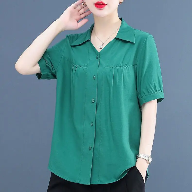 Oversize Solid Color Women\'s Clothing 2023 Summer POLO Collar Casual Tops Women Stand Collar Loose Single Breasted Chiffon Shirt