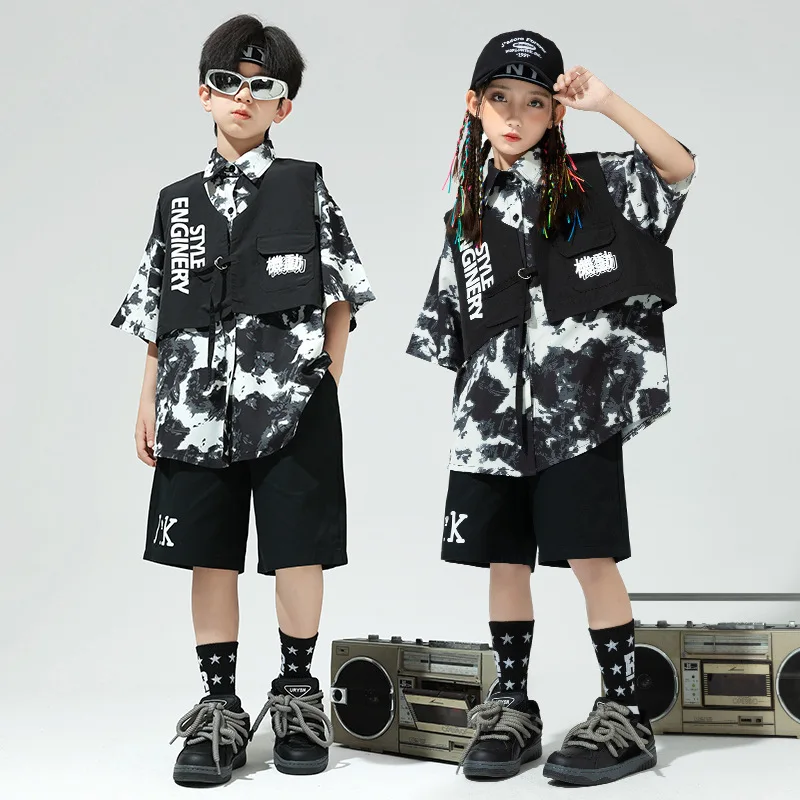 

Kids Hip Hop Clothing Sets Letter Waistcoat + Print Shirt + Shorts Teen Boys Street Dance Costumes Girls Jazz Performance Suits