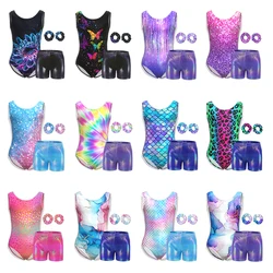 Girls Gymnastics Leotards  Children's  Dancewear  Clothing  with Matching Shorts Hairband for Kids