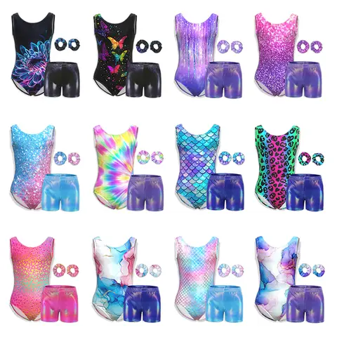 Collant de ginástica para meninas, roupas de dança infantil com shorts combinando, faixa de cabelo para crianças