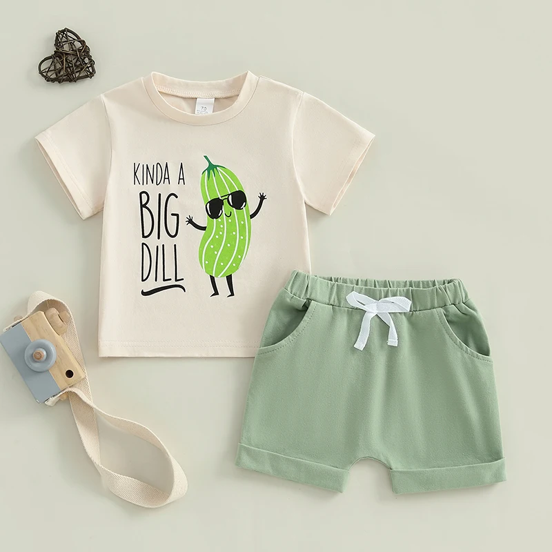 SUNSIOM Toddler Boy Summer Outfits Cucumber Letter Print Round Neck Short Sleeve Tops with Solid Color Shorts Outfit