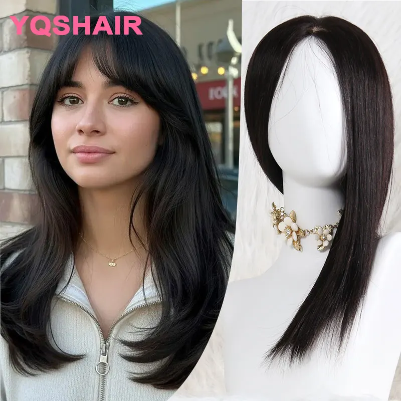 

16-дюймовый прямой парик без клея из натуральных волос с челкой, полностью кружевной парик из натуральных волос с шелковой основой 5x5 для женщин