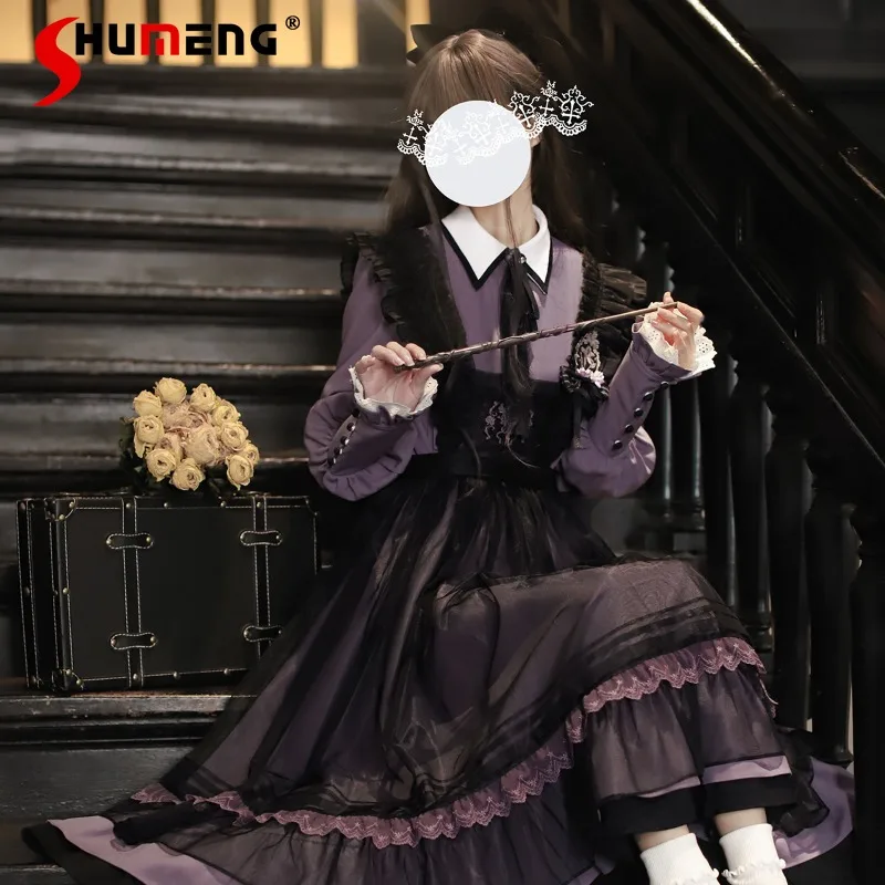 

2024 New Autumn Suit Black Purple Color Scheme Dress Vests Vestidos For Women's Clothing Long Sleeves Slimming Y2k Dresses Mujer