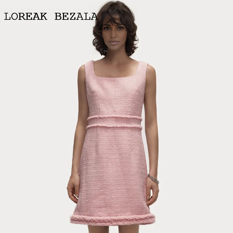 

Pink Tweed Dress sleeveless 2025 spring / autumn women's dress Leisure vacation one-piece Ladies Classic bottoming dress
