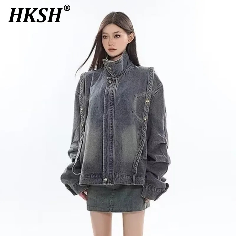 HKSH Autumn New Women Punk American Streetwear Zipper High Sense Three-dimensional Deconstruction Denim Jacket Men's Coat HK2544