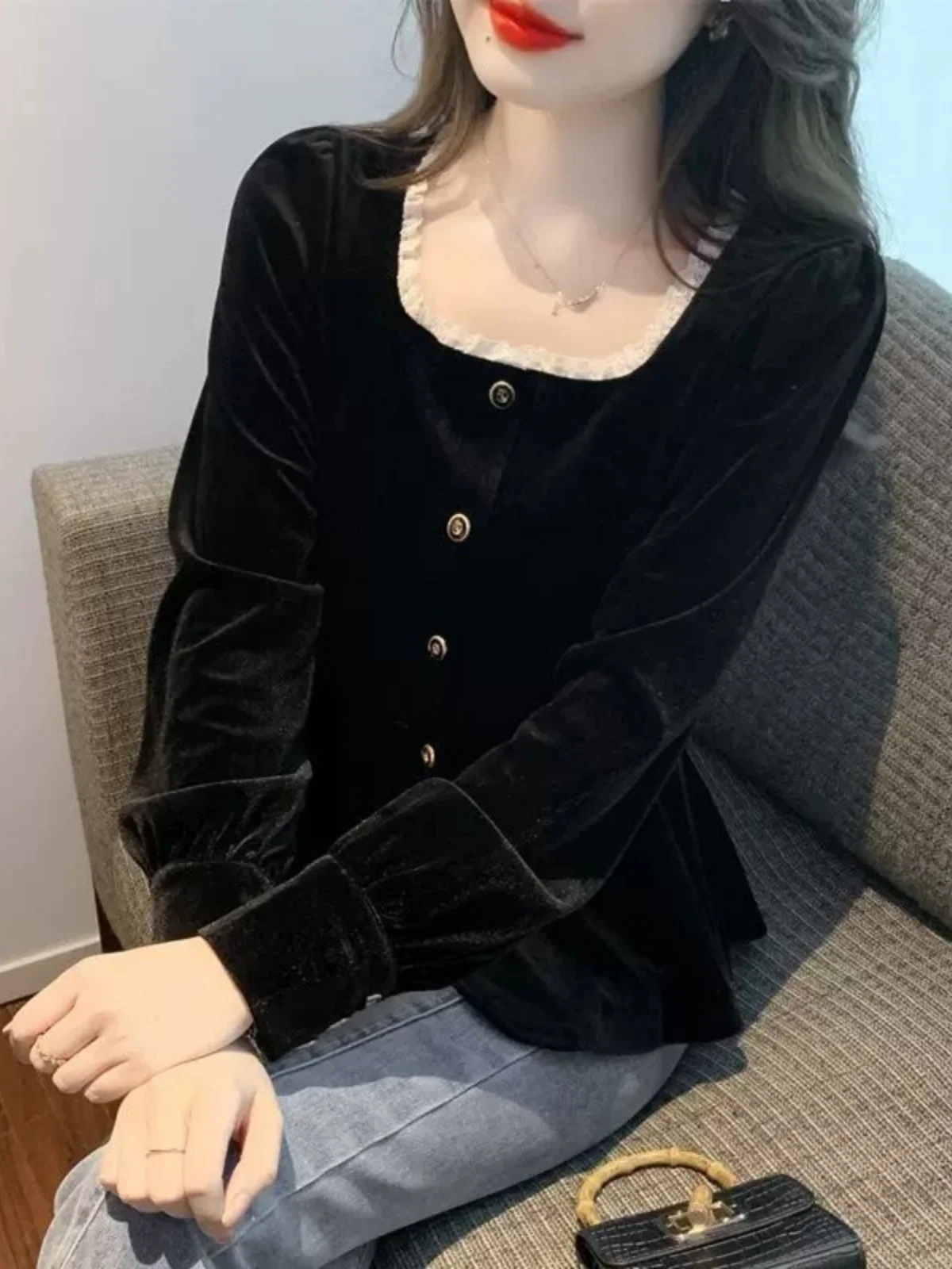 

Slim Fit Long Sve Velvet irt Women's Faion Design Sense Waist Cinched Lace Splice Square Collar Autumn Winter New Sle