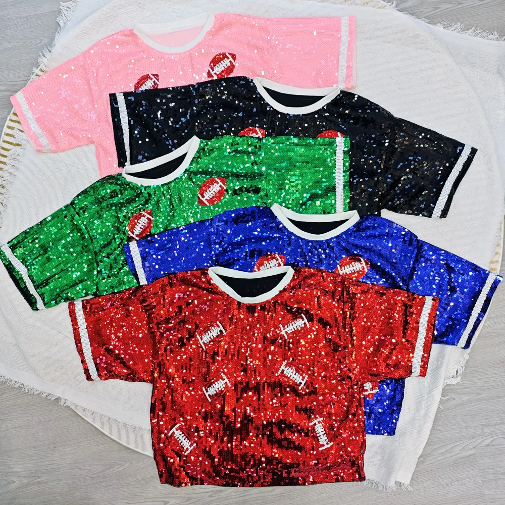 Summer Letter Women Streetwear Sequin Loose Short Sleeve Football T shirt  Geometric Round Neck Lady Shirts