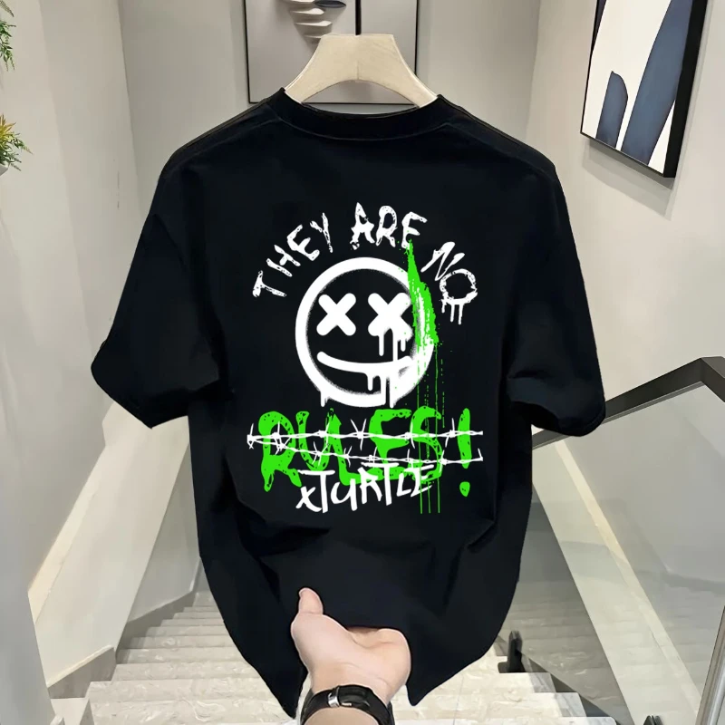 

Новая хлопковая футболка с короткими рукавами и принтом гримаса, летняя мужская американская модная брендовая уличная универсальная, удобная и дышащая