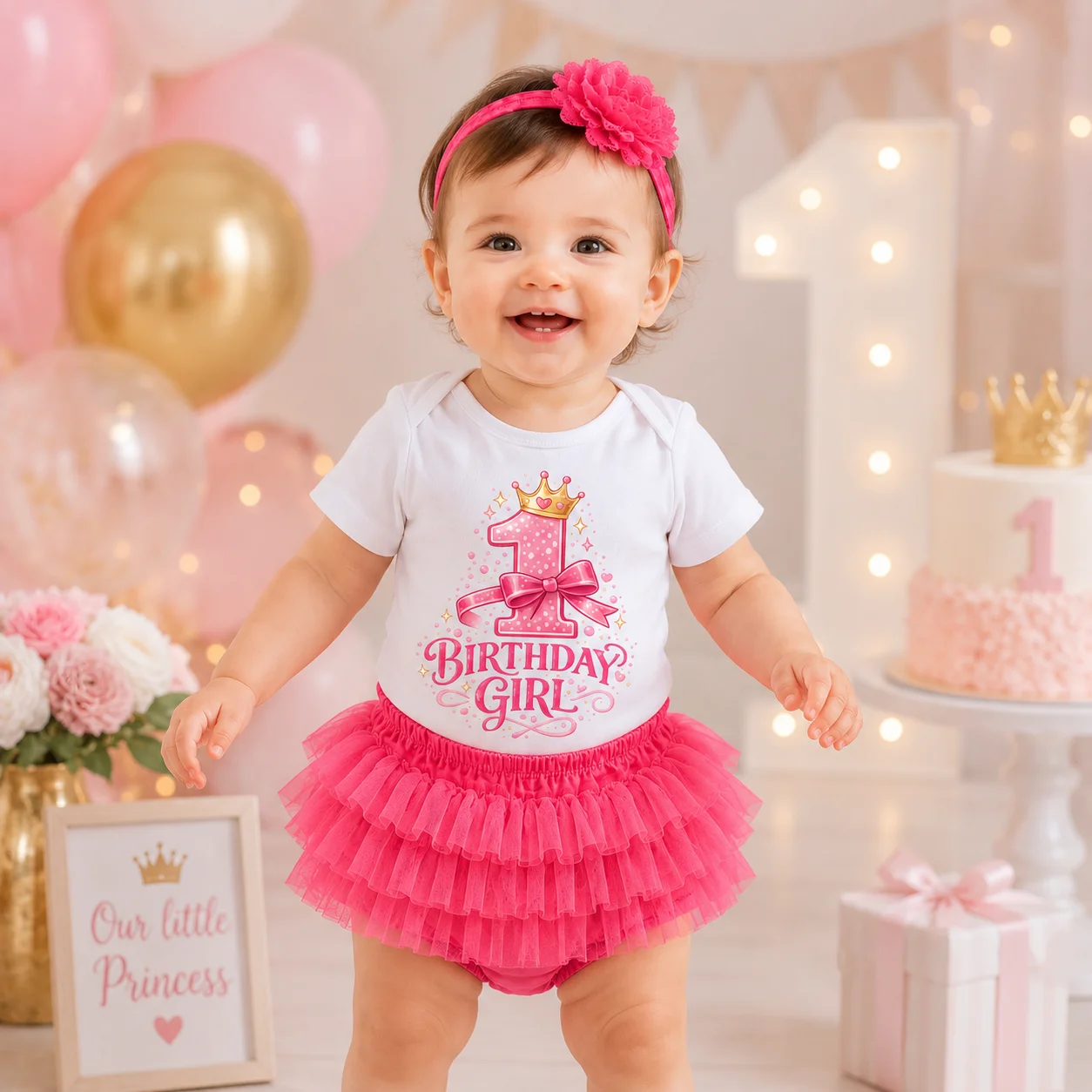 Baby Girl 1st Birthday Outfit Short Sleeve Bodysuit Pink Tutu Skirt Headband Set Princess First Birthday Party Cake Smash Clothe