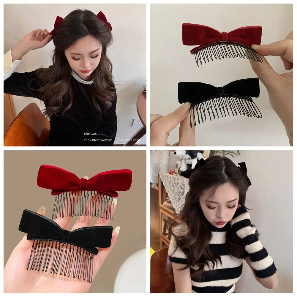 Sweet Hair Comb Bow Hairpin Red Cloth Velvet Bowknot Hair Clip Side Clip Barrettes Children